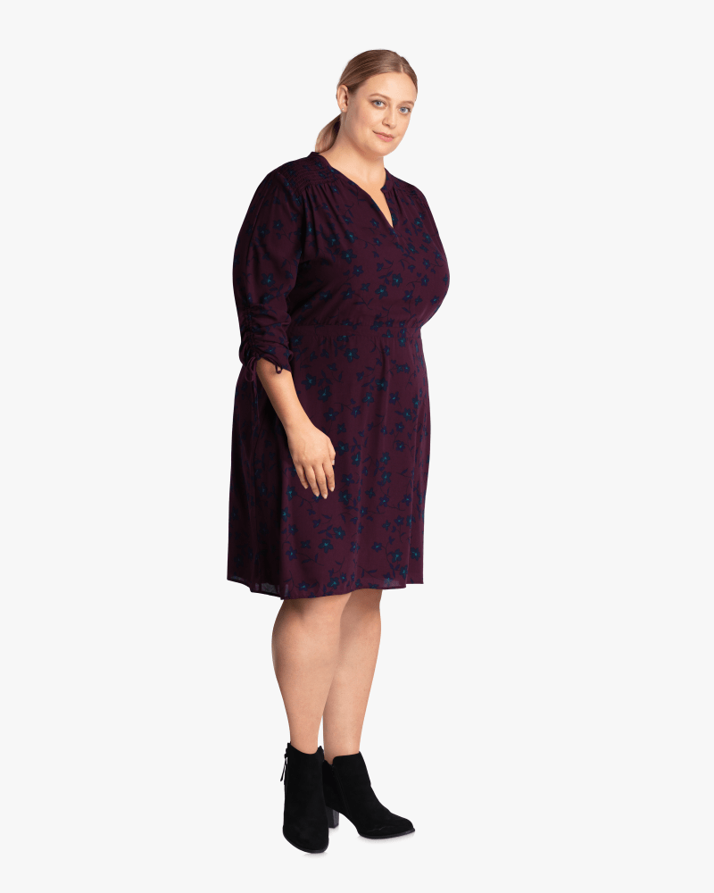 Plus size model with hourglass body shape wearing Keene Ruched Sleeve Dress  by Molly&Isadora | Dia&Co | dia_product_style_image_id:113430